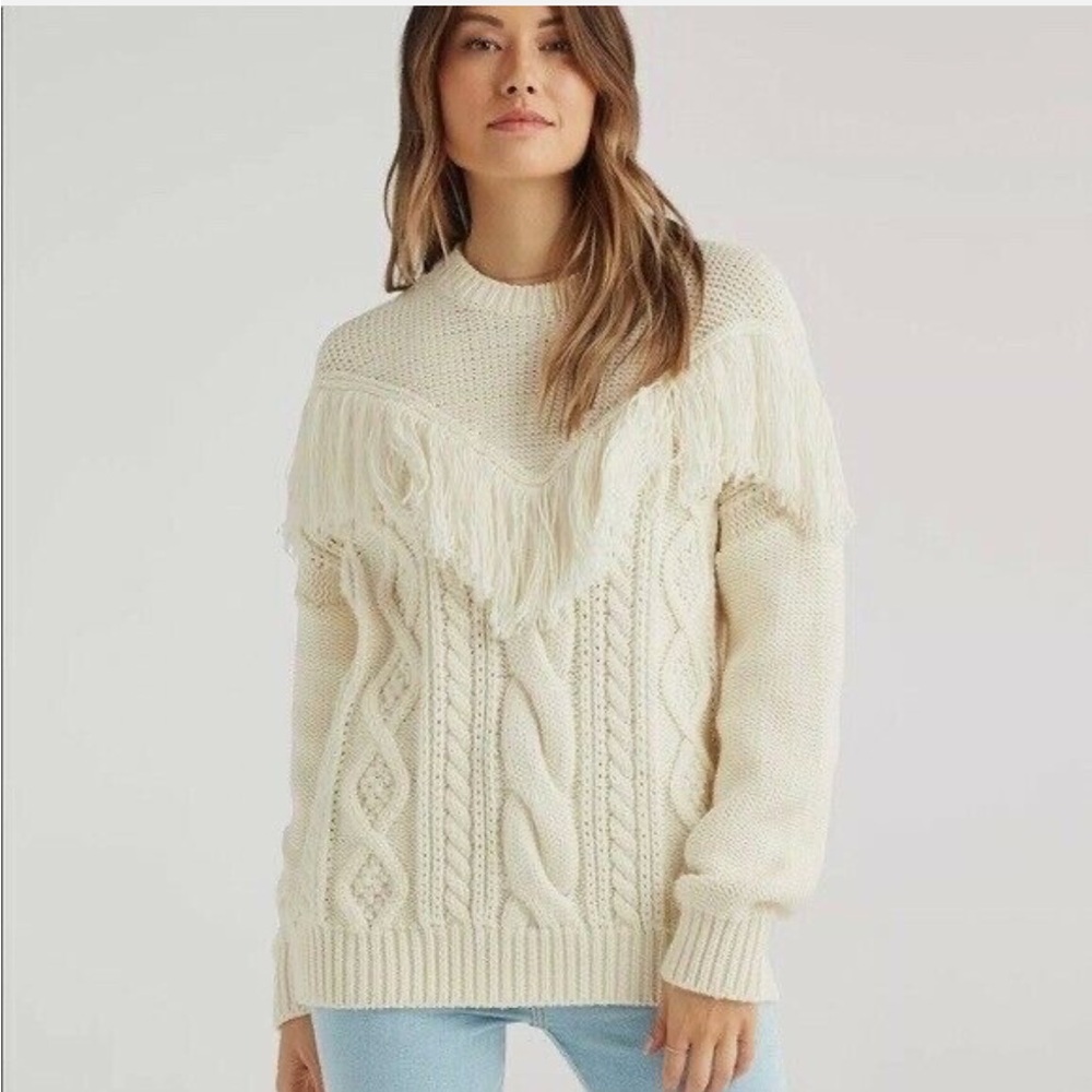 7 For All Mankind 100% Wool Ivory Fringe Cable Knit Sweater Size S Made In Italy